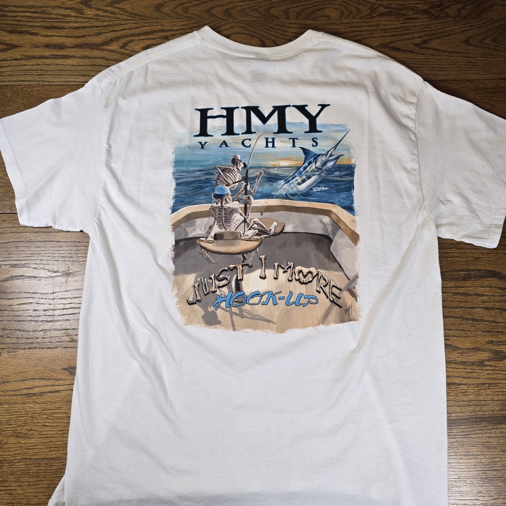 HMY Yachts Just 1 More Hook-Up Skeleton Fishing Marlin Graphic T-Shirt XL